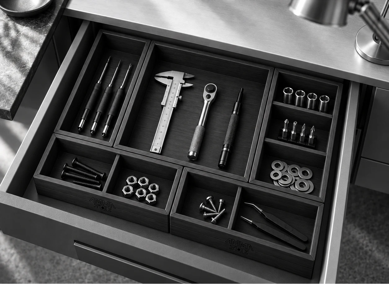 Les cinq modules BAMBOX organisent des outils et de petites pièces dans un atelier